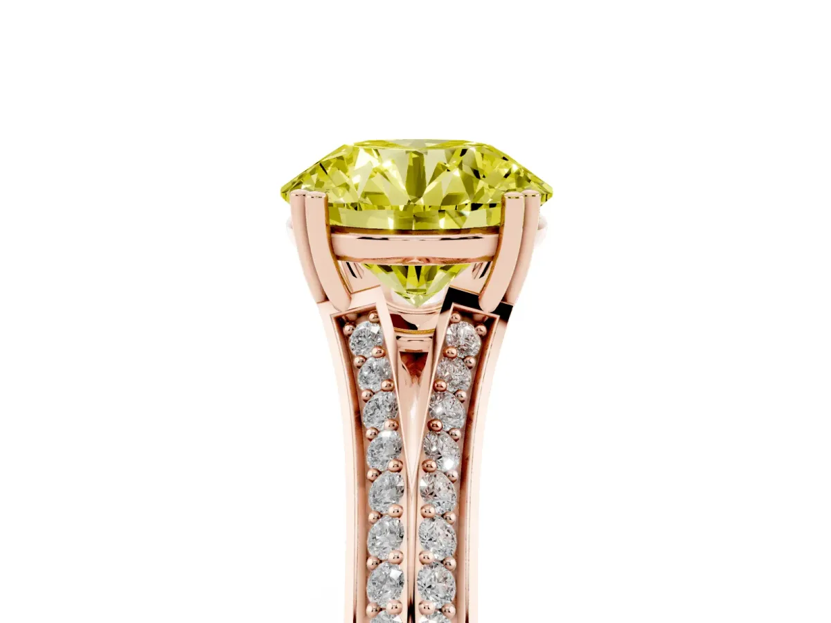 Fancy Yellow Round Cut Diamond Split Shank Engagement Ring with Pavé Band Rose gold