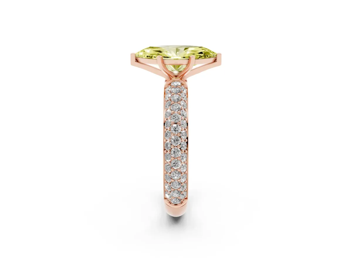 Fancy Yellow Marquise Cut Diamond Solitaire Ring with Prong Setting and Pavé Band Rose gold