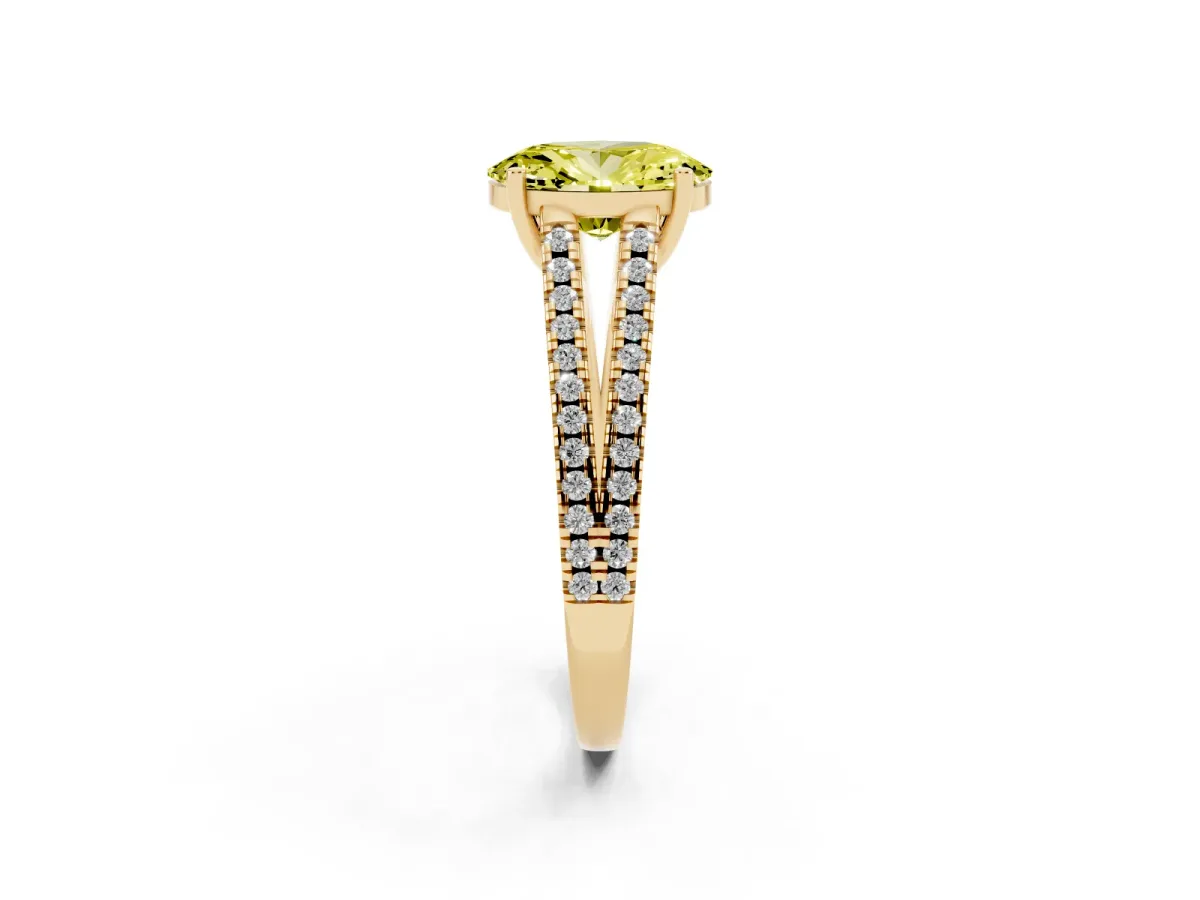 Fancy Yellow Oval Cut Diamond Solitaire Engagement Ring with Split Shank Pavé Band Yellow gold