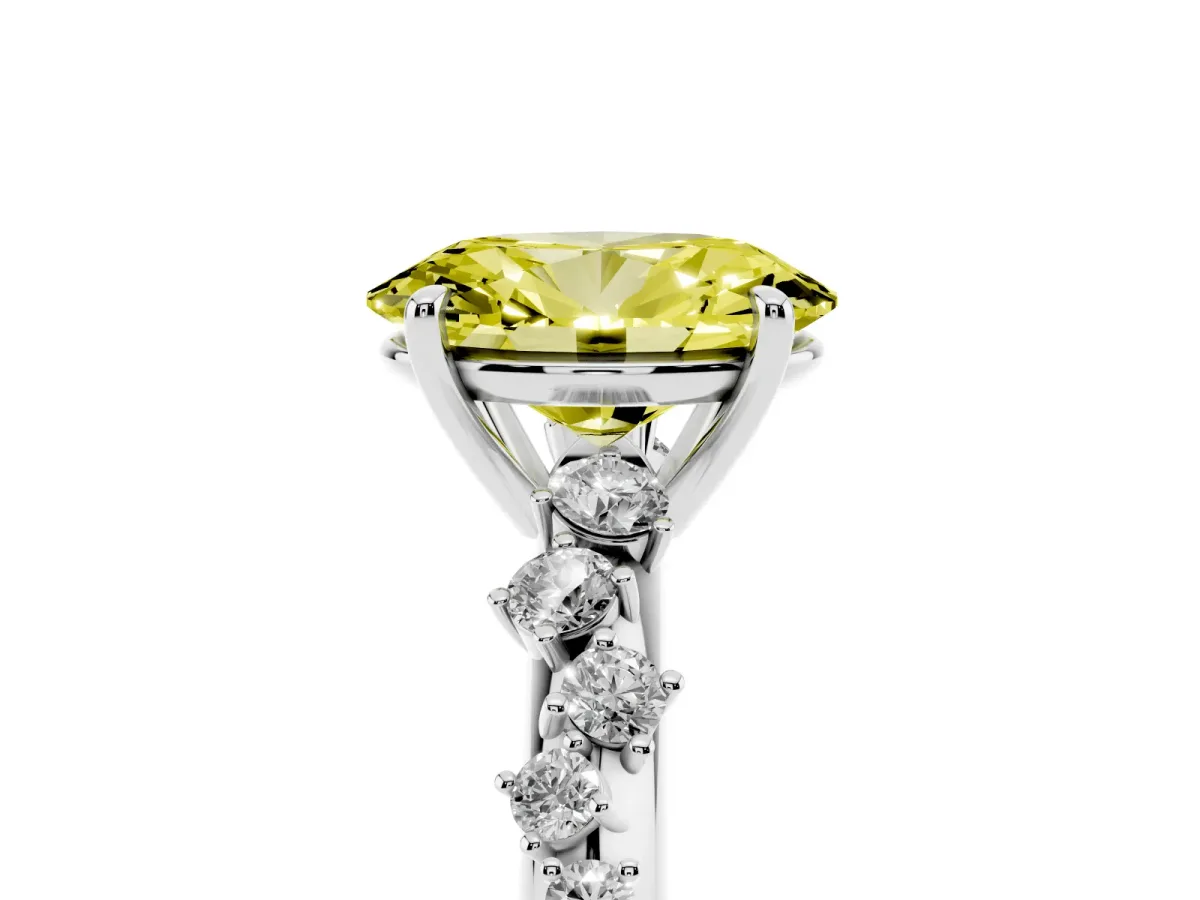 Fancy Yellow Oval Cut Diamond Cluster Side Stone Solitaire Ring with Prong Setting Silver
