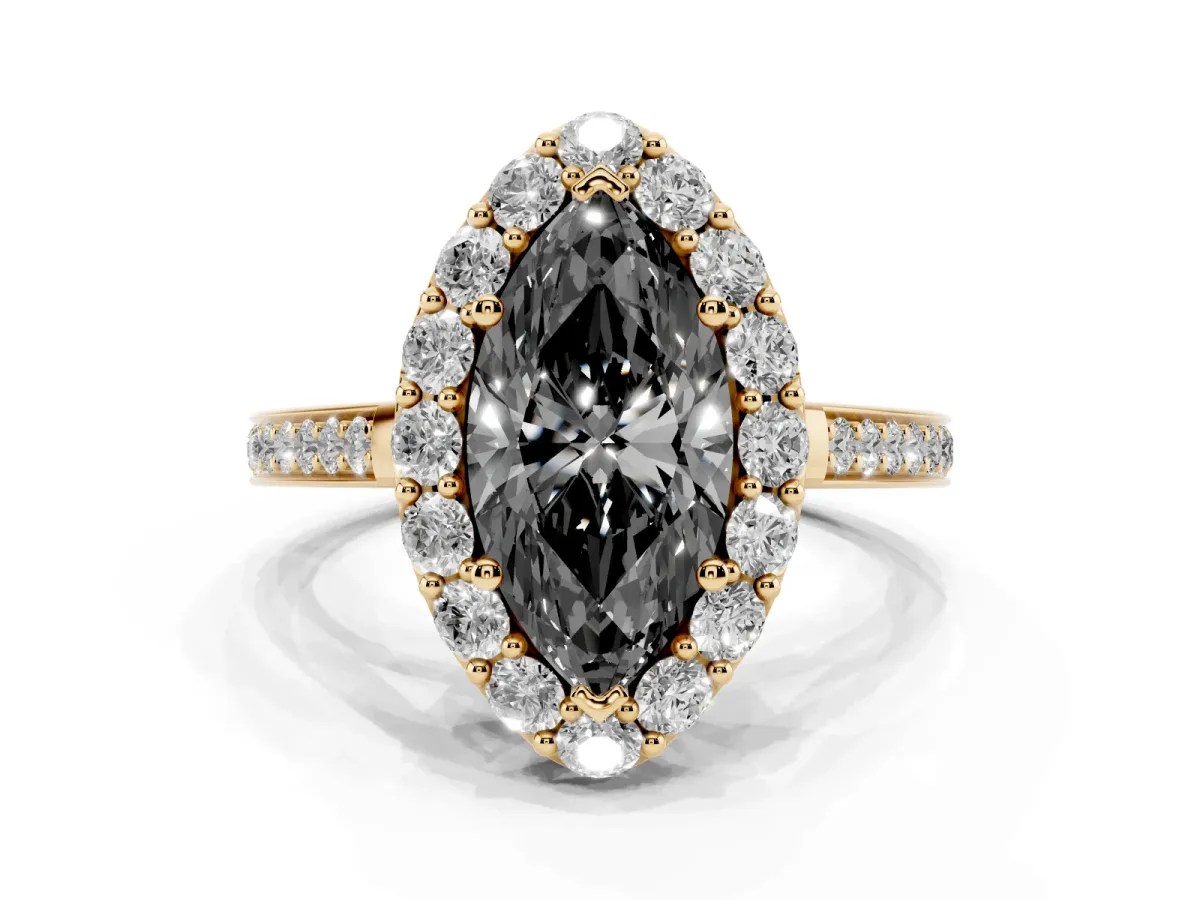 Fancy Black Marquise Cut Diamond Floral Halo Ring with Pavé Band and Prong Setting Yellow gold