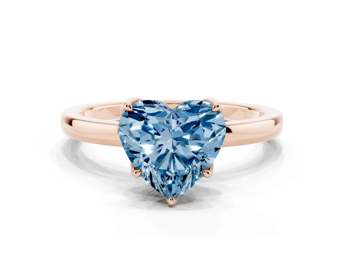 Fancy Blue Heart Cut Diamond Solitaire Ring with Thin Band and Prong Setting Rose gold