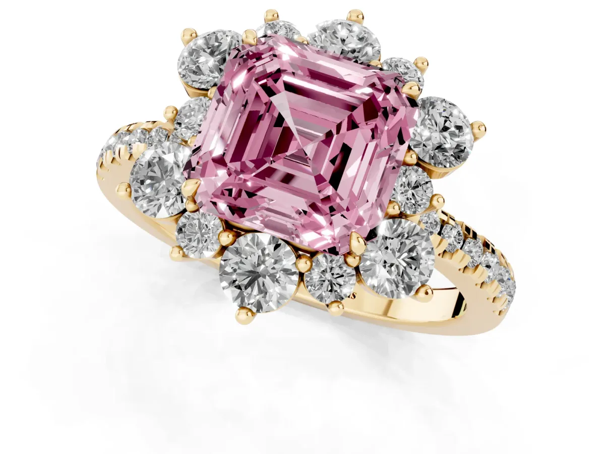 Fancy Pink Asscher Cut Diamond Floral Halo Ring with Round Pavé Band and Prong Setting Yellow gold