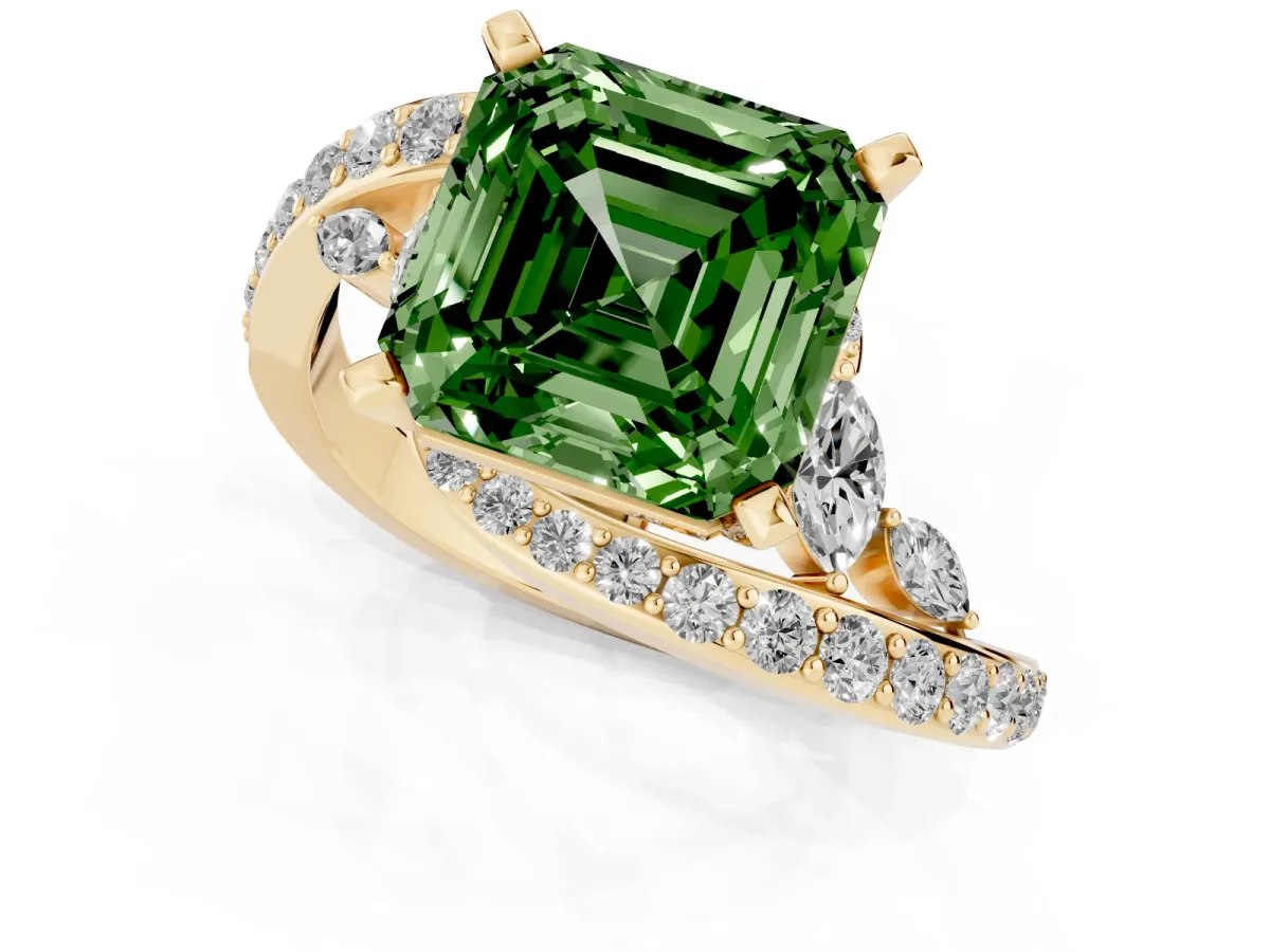 Fancy Green Asscher Cut Solitaire with Pavé Twist Band and Four-Prong Setting Yellow gold