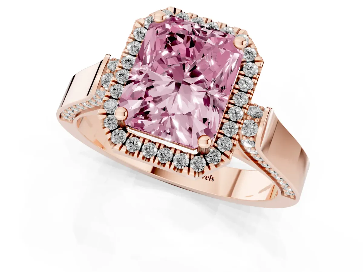 Fancy Pink Radiant Cut Halo Round Diamond Twist Band with Four-Prong Setting Rose gold