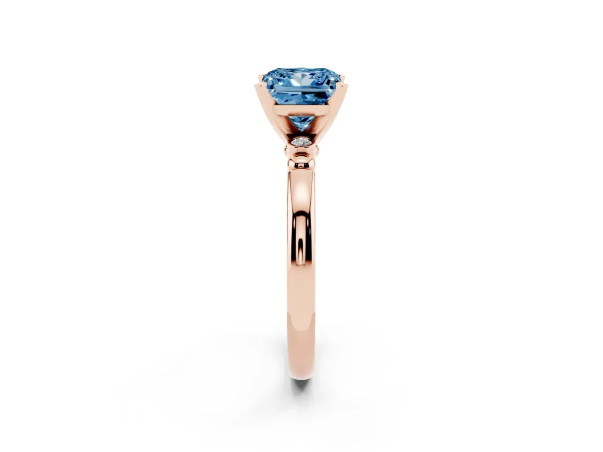 Fancy Blue Princess Cut Solitaire Beaded Band with Four-Prong Setting Rose gold