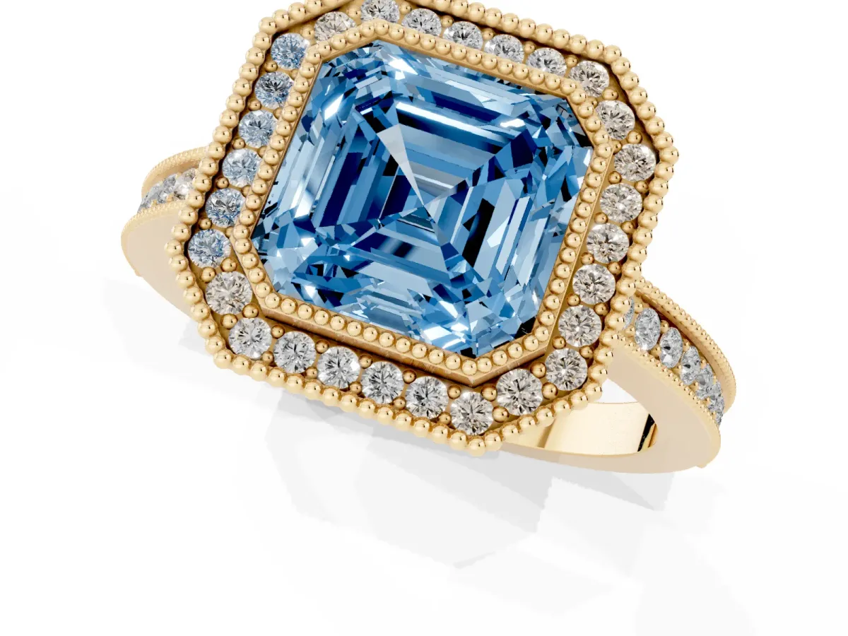 Fancy Blue Asscher Cut Cut Halo Diamond Ring with Pavé Band and Milgrain Prong Setting Yellow gold