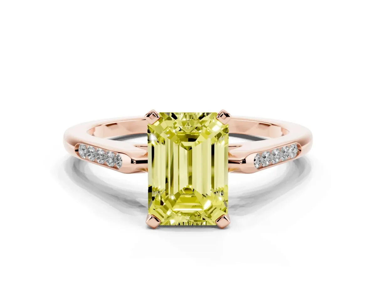 Fancy Yellow Emerald Cut Diamond Solitaire Ring with Channel Set Round Band and Prong Setting Rose gold