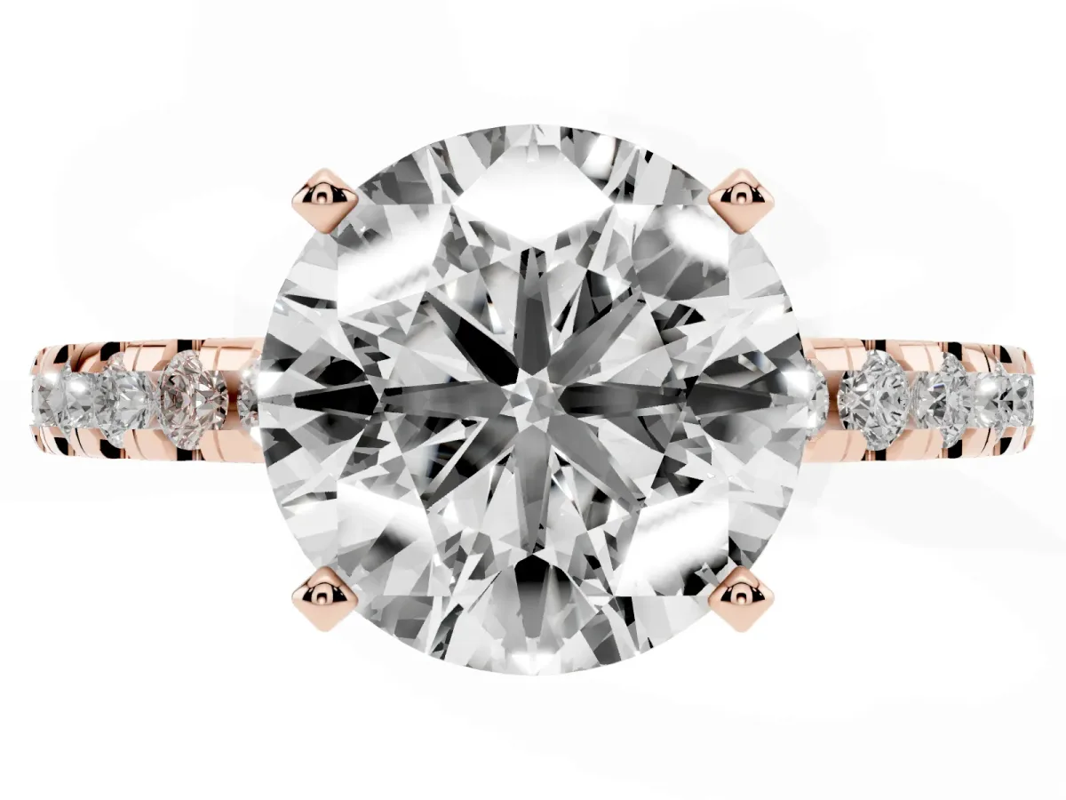 Round Cut Diamond Solitaire Ring with Round Pavé Band and Four-Prong Setting Rose gold