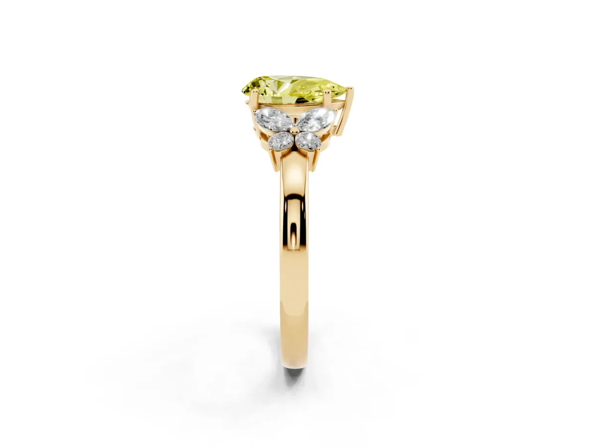Fancy Yellow Pear Cut Cut Solitaire Floral Diamond Ring with Four-Prong Setting Yellow gold