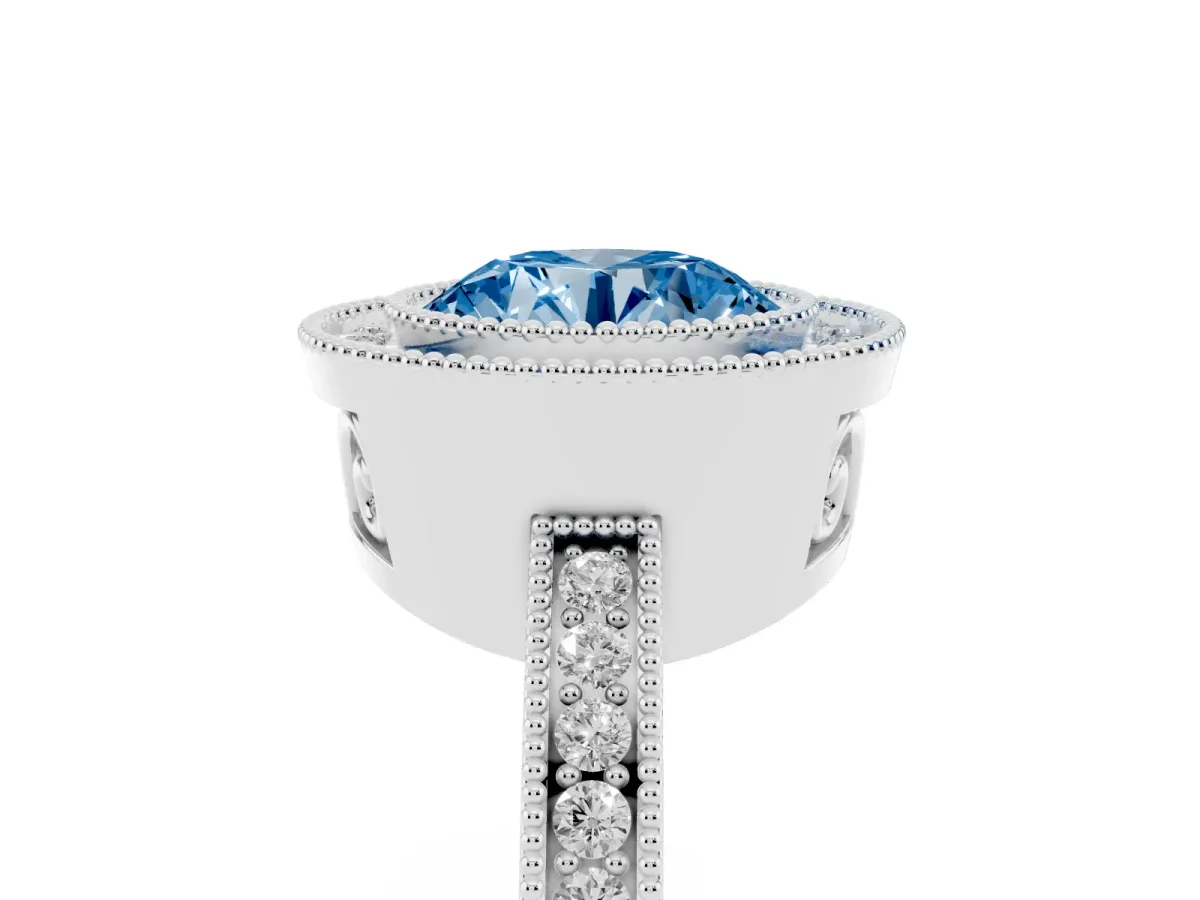 Fancy Blue Round Cut Cut Halo Diamond Ring with Pavé Band and Milgrain Prong Setting White gold