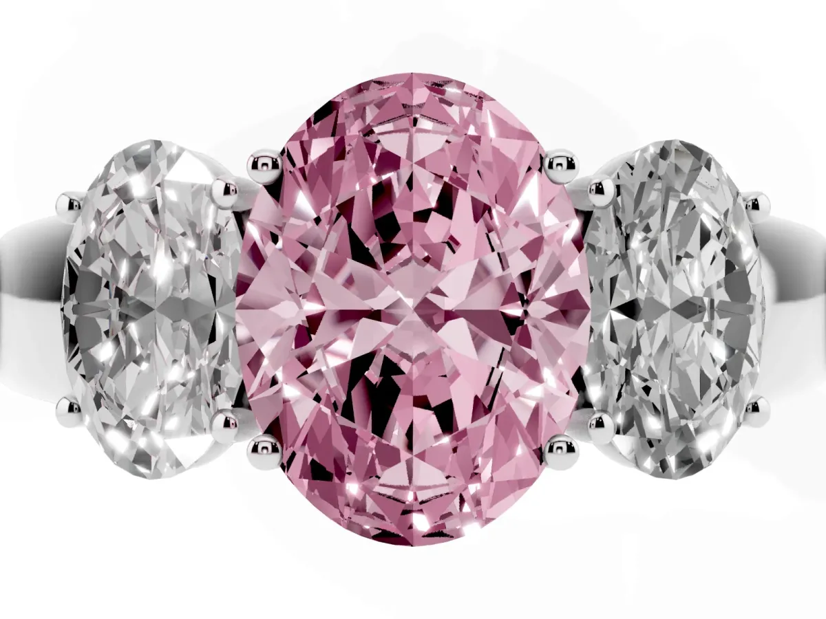 Fancy Pink Three-Stone Oval Cut Cut Diamond Ring with Prong Setting and Classic Band Platinum