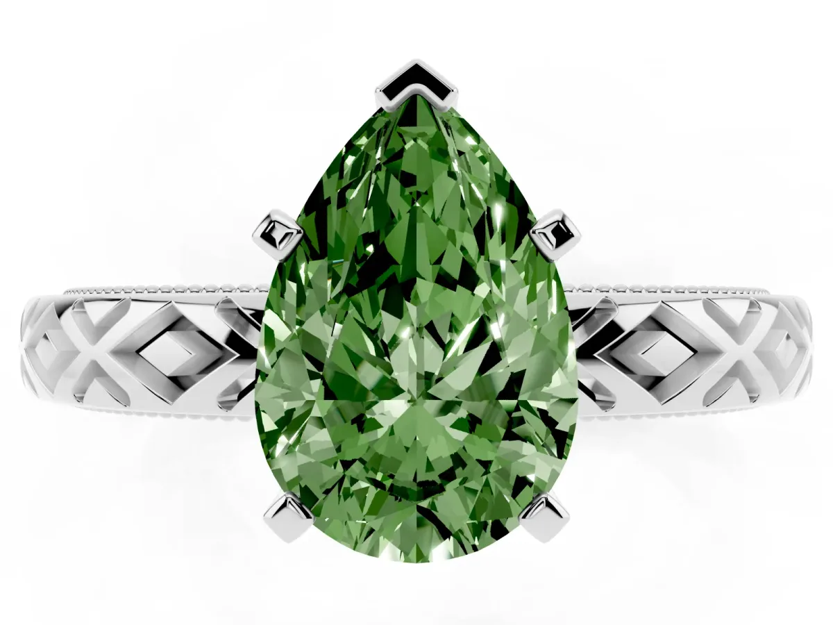 Fancy Green Pear Cut Solitaire Diamond Ring with Milgrain and Black Enamel X Pattern Band Silver