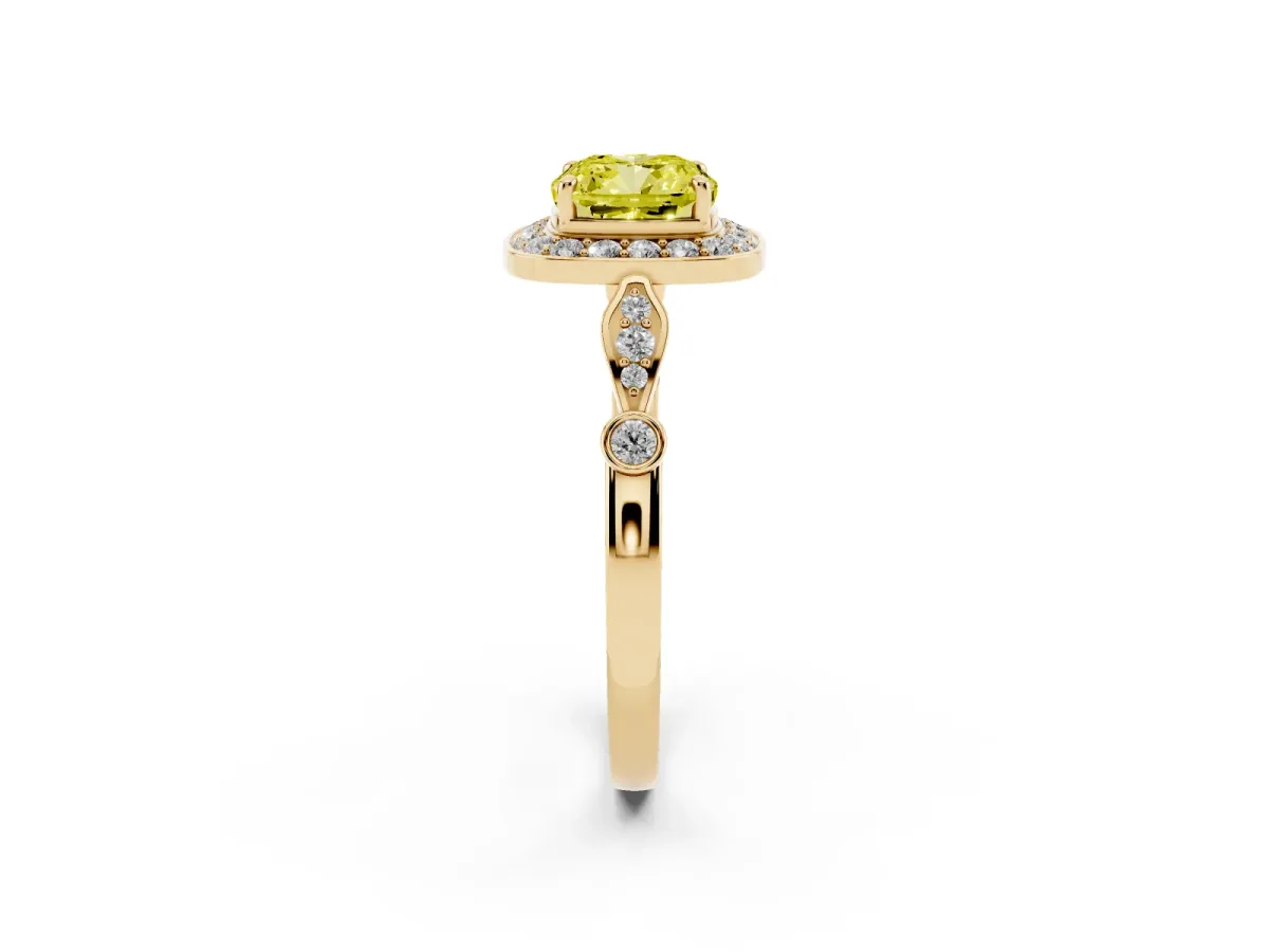 Fancy Yellow Cushion Cut Halo Diamond Engagement Ring with Twisted Band and Four-Prong Setting Yellow gold