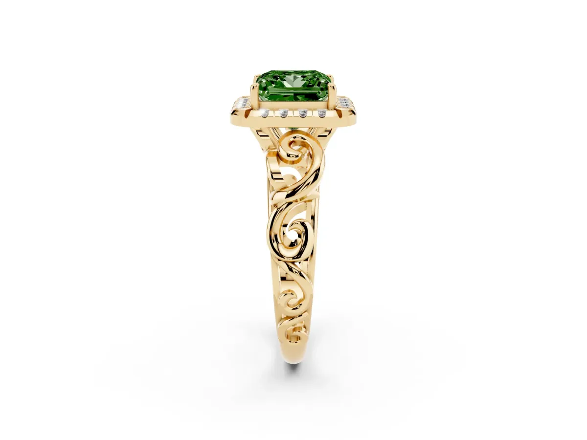 Fancy Green Princess Cut Cut Halo Diamond Ring with Scrollwork Band and Four-Prong Setting Yellow gold