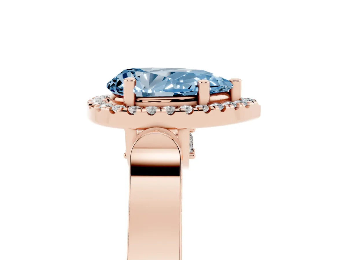 Fancy Blue Pear Cut Halo Pave Split Shank Prong Setting Ring Rose gold
