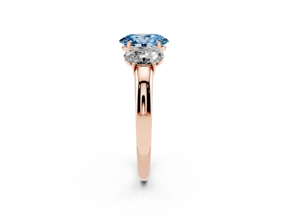 Fancy Blue Oval Cut Diamond Three-Stone Ring with Four-Prong Setting and Classic Band Rose gold