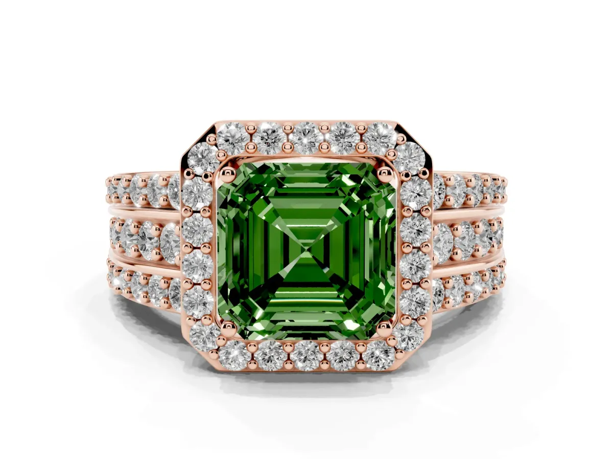 Fancy Green Asscher Cut Halo Diamond Ring with Round Split Shank and Prong Setting Rose gold