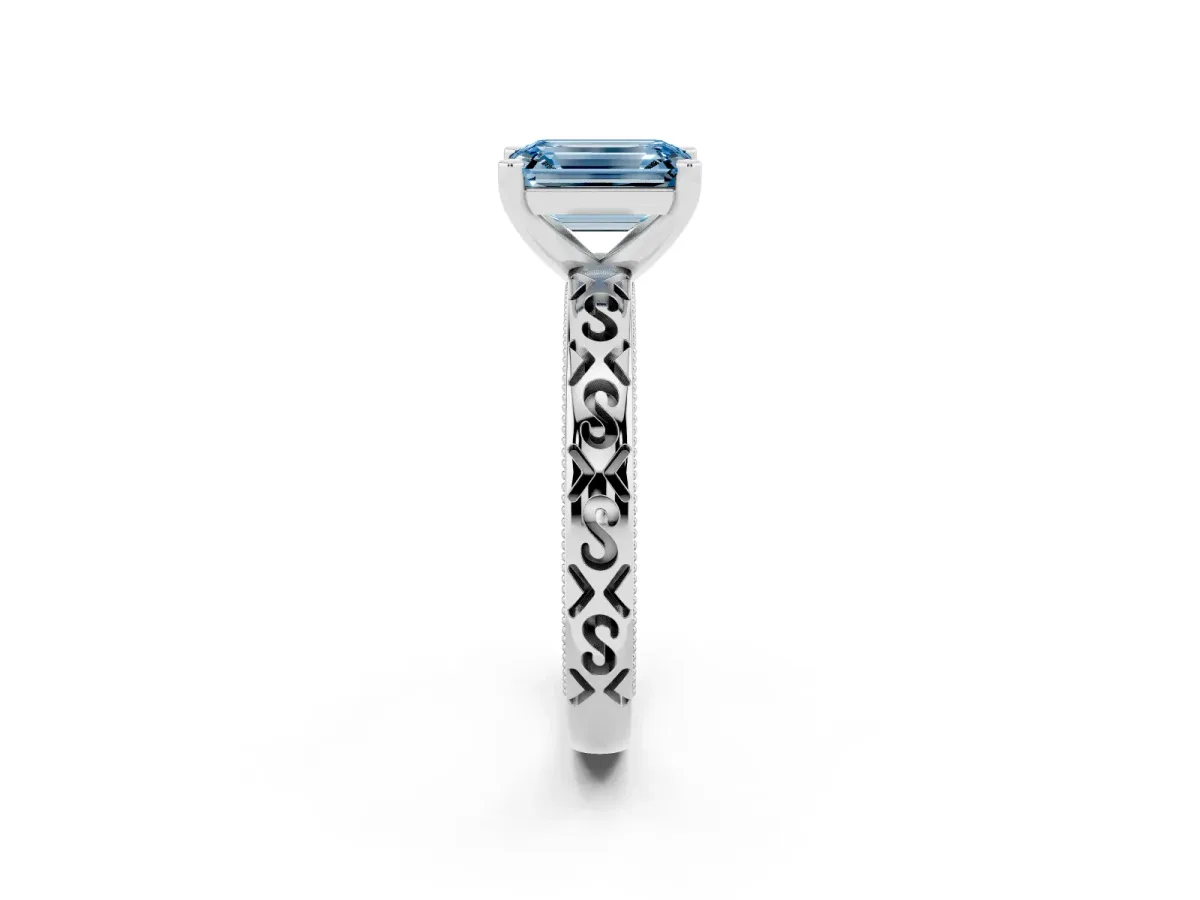 Fancy Blue Emerald Cut Solitaire Engagement Ring with Scrollwork Band and Four-Prong Setting White gold