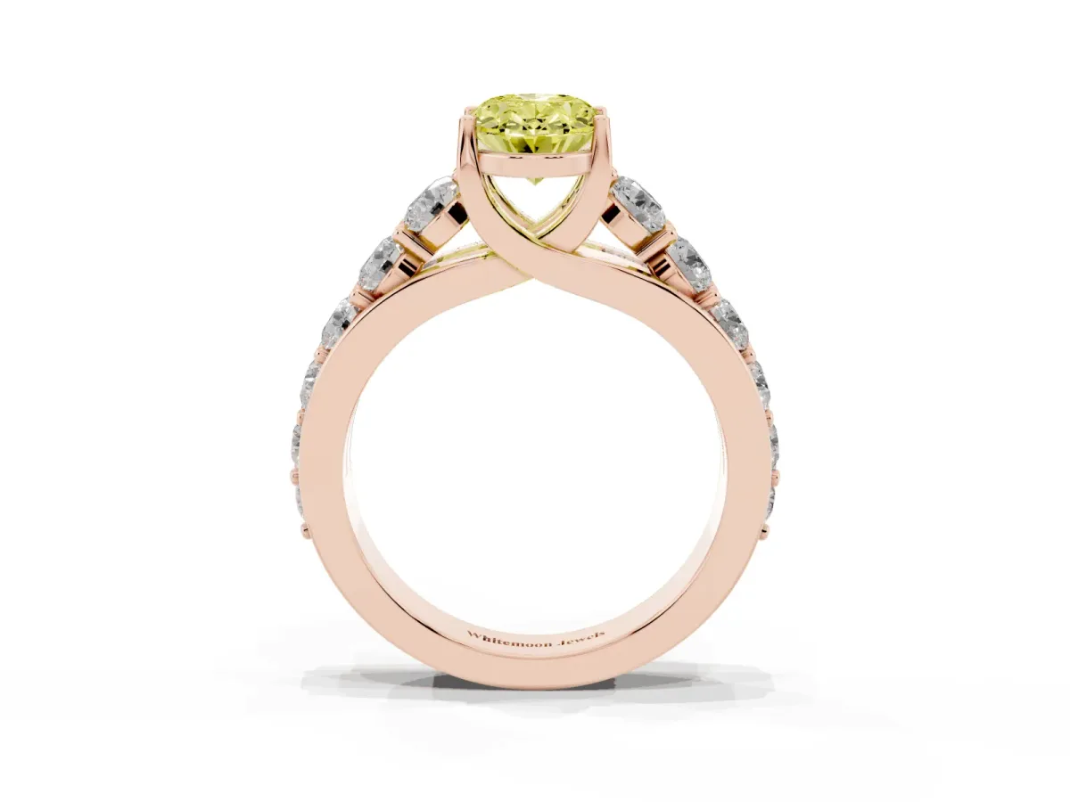 Fancy Yellow Oval Cut Diamond Engagement Ring with Pavé Band and Four-Prong Setting Rose gold