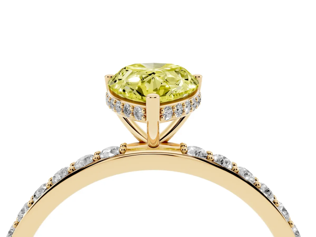 Fancy Yellow Pear Cut Diamond Solitaire Ring with Pavé Band and Hidden Halo Yellow gold
