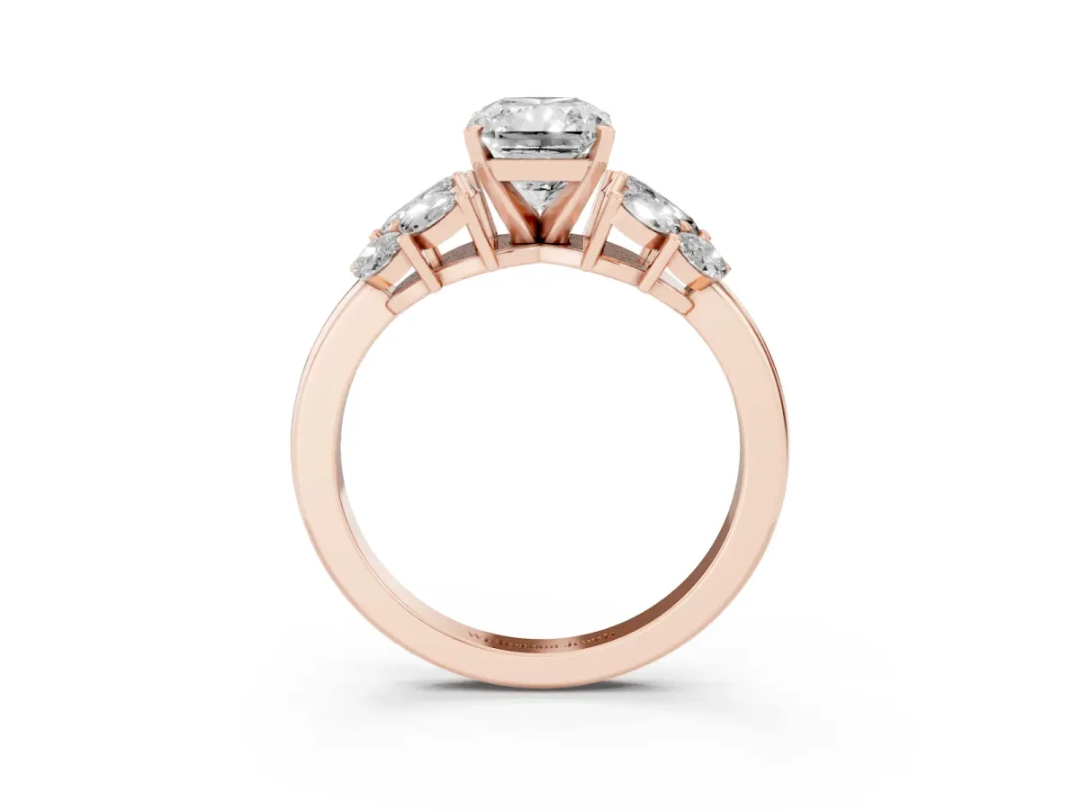 Radiant Cut Diamond Cluster Leaf Design Ring with Prong Setting Rose gold