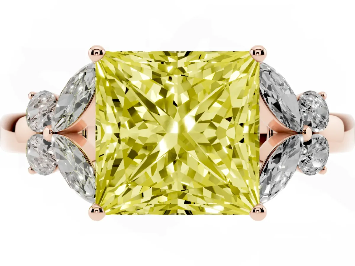 Fancy Yellow Princess Cut Cut Solitaire Floral Diamond Ring with Four-Prong Setting Rose gold