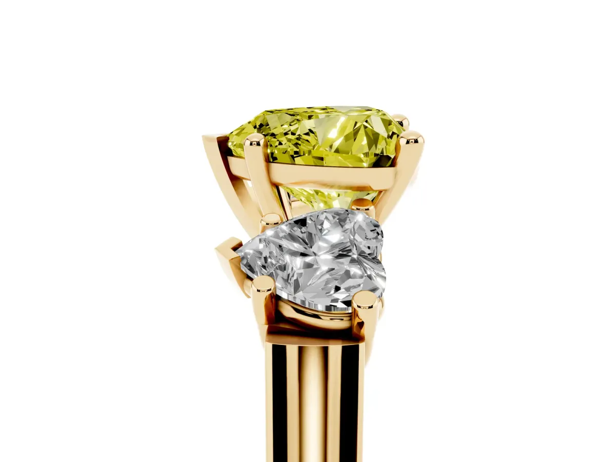 Fancy Yellow Three-Stone Heart Cut Brilliant Diamond Trellis Ring with Comfort Fit Band Yellow gold