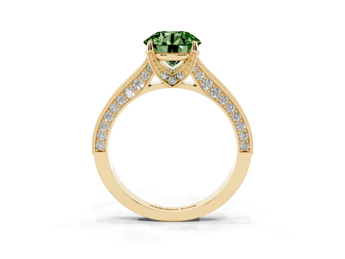 Fancy Green Round Cut Cut Diamond Solitaire Ring with Milgrain Pave Band and Four Prong Setting Yellow gold