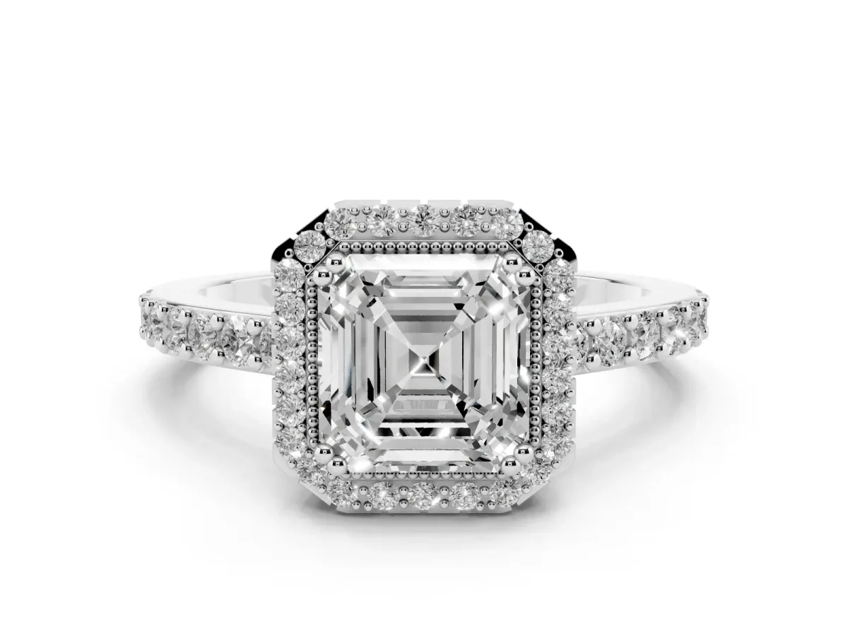 Asscher Cut Cut Diamond Halo Engagement Ring with Milgrain Detail and Pavé Band Silver