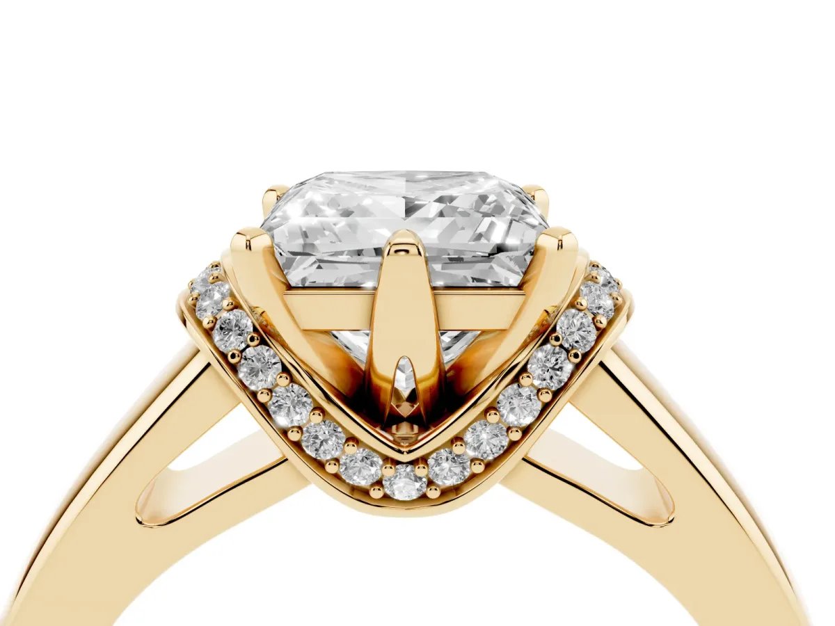 Princess Cut Solitaire Diamond Ring with Pave Band and Six-Prong Setting Yellow gold