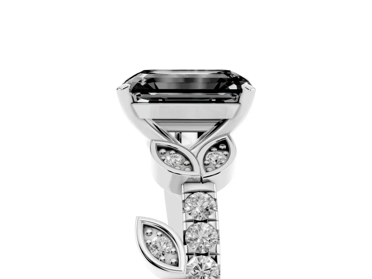 Fancy Black Emerald Cut Solitaire Leaf-Inspired Diamond Ring with Pavé Band and Four-Prong Setting Silver