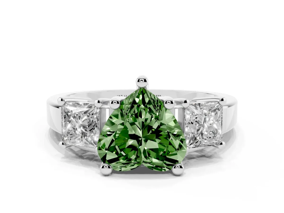 Fancy Green Three-Stone Heart Cut Cut Solitaire Ring with Prong Setting Silver