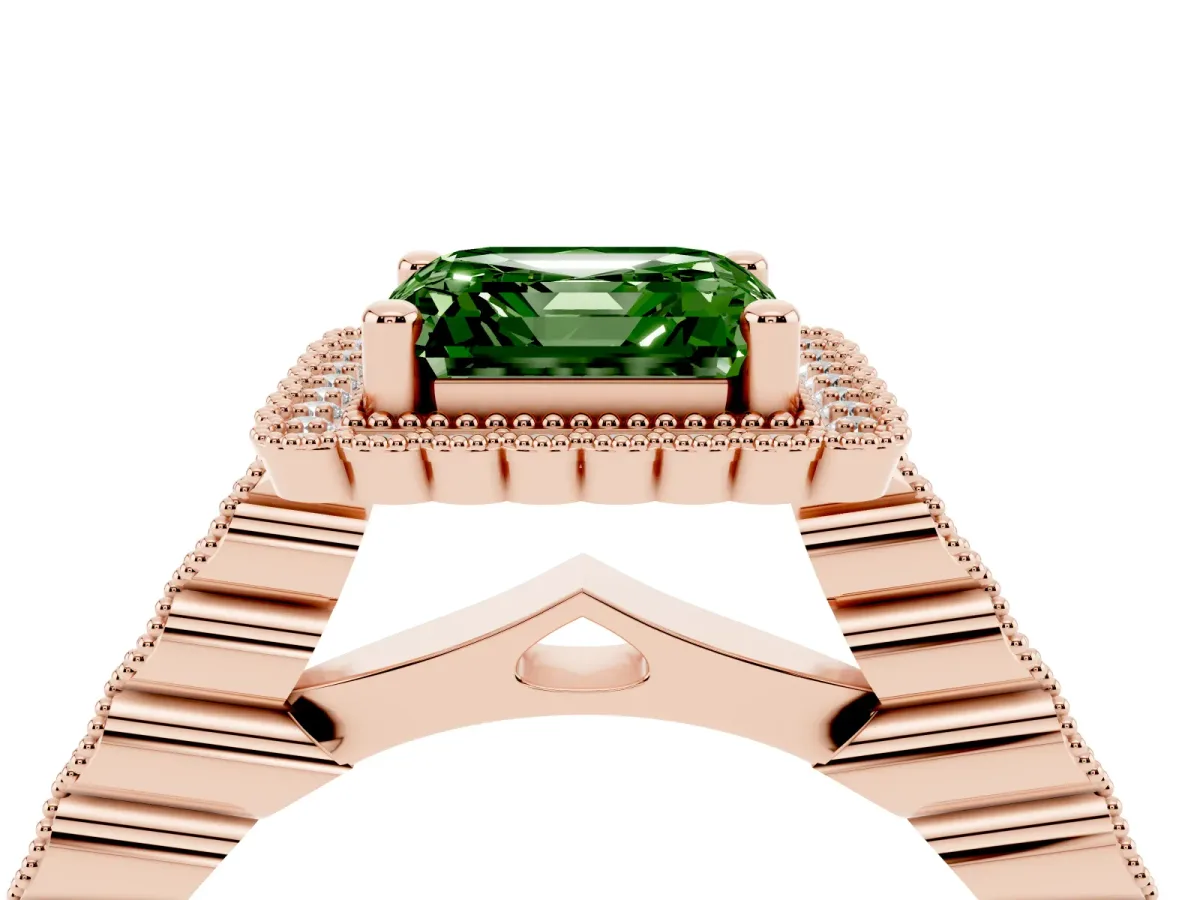 Fancy Green Asscher Cut Cut Halo Pavé Solitaire Ring with Milgrain Band Rose gold