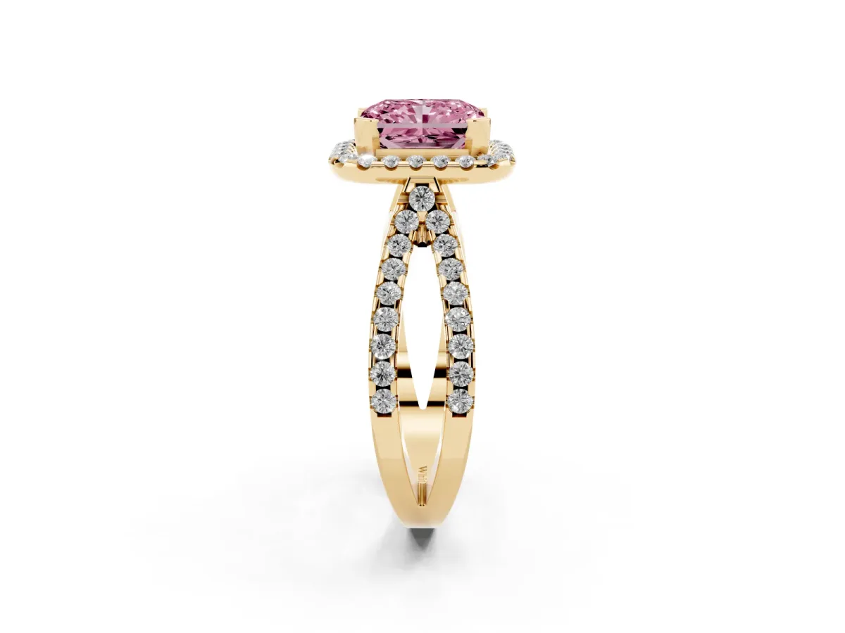 Fancy Pink Radiant Cut Diamond Halo Ring with Split Shank Pavé Band and Prong Setting Yellow gold