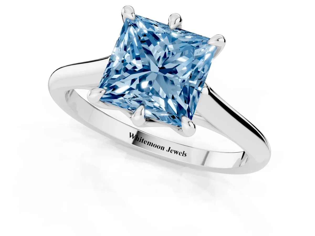 Fancy Blue Princess Cut Solitaire Engagement Ring with Six-Prong Setting and Classic Band Platinum