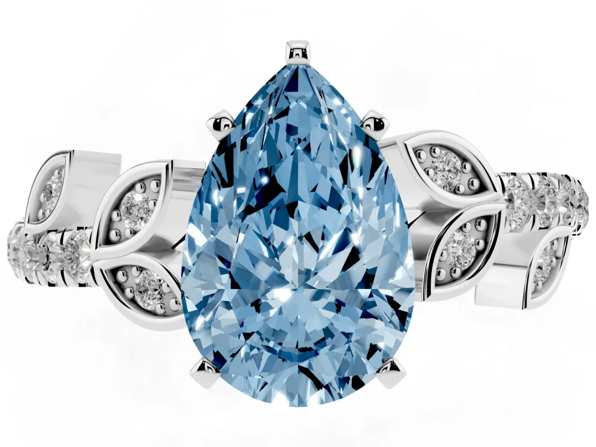 Fancy Blue Pear Cut Solitaire Leaf-Inspired Diamond Ring with Pavé Band and Four-Prong Setting Silver