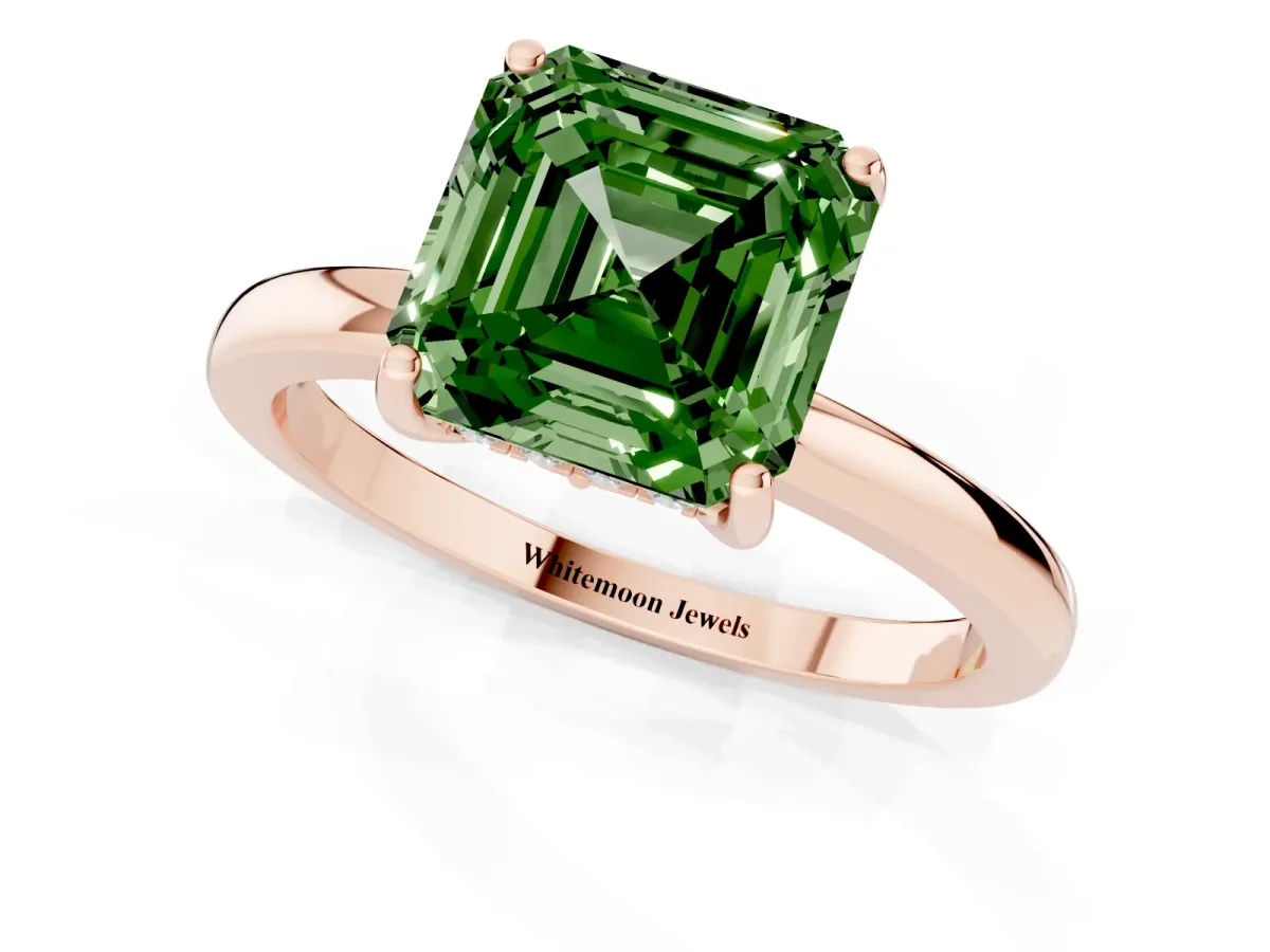 Fancy Green Asscher Cut Solitaire Diamond Ring with Prong Setting and Plain Band Rose gold