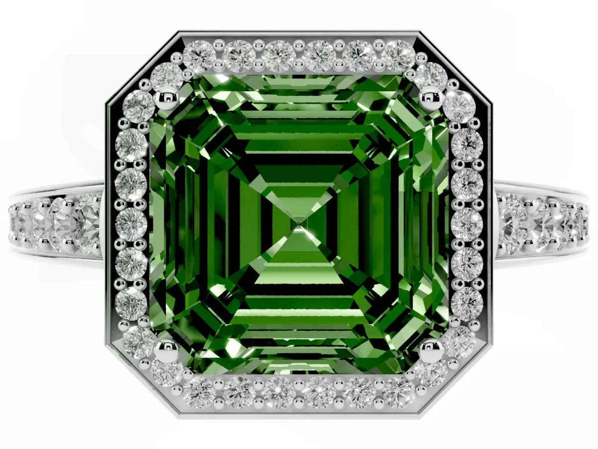 Fancy Green Asscher Cut Halo Pavé Diamond Engagement Ring with Bezel Setting Platinum