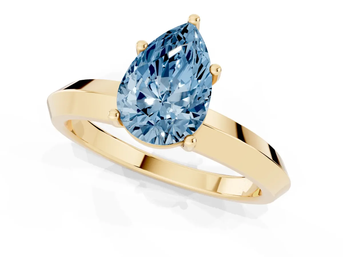 Fancy Blue Pear Cut Cut Solitaire Engagement Ring with Flat Band and Four-Prong Setting Yellow gold