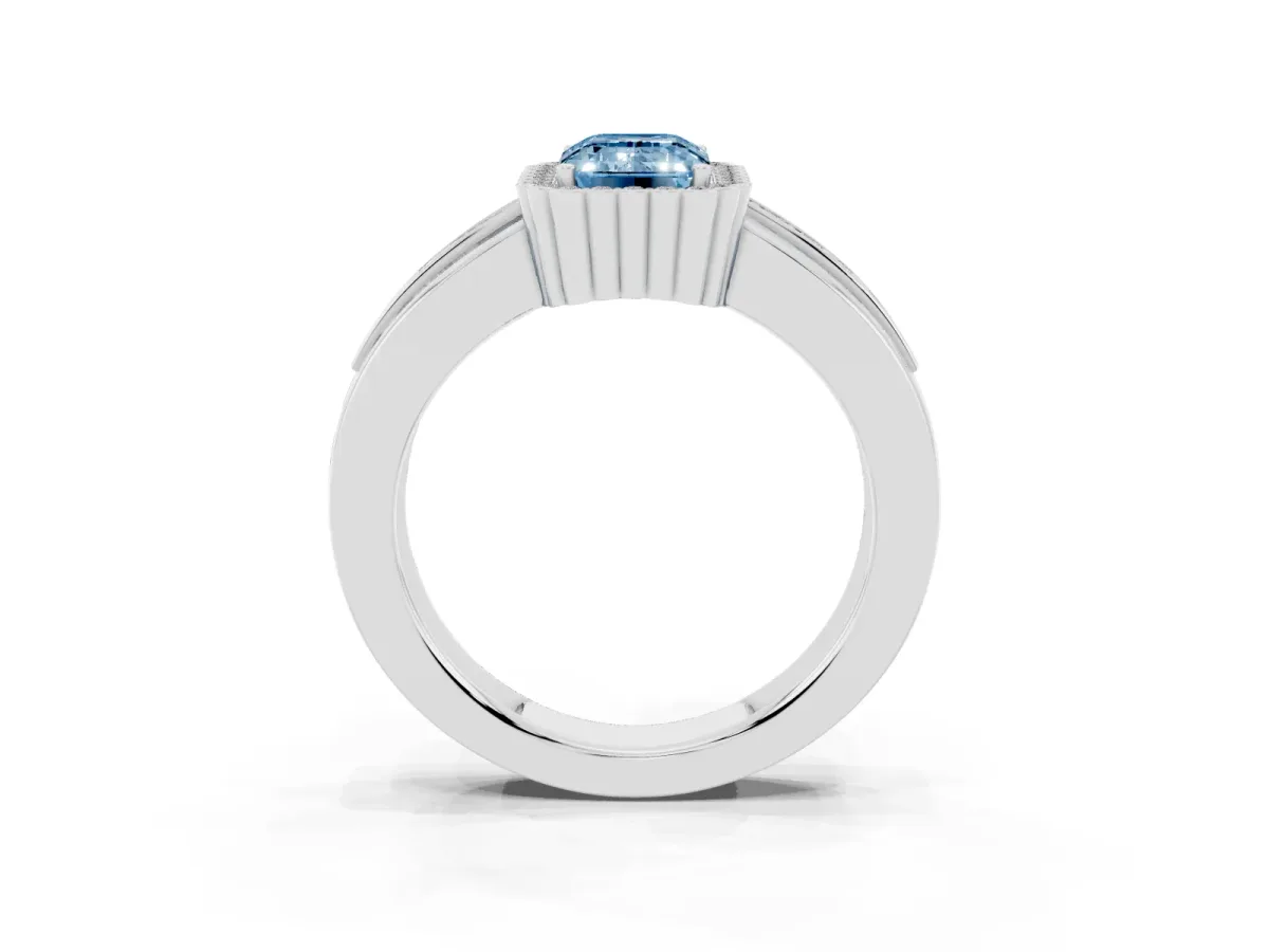 Fancy Blue Emerald Cut Cut Halo Pave Band Four-Prong Ring Silver