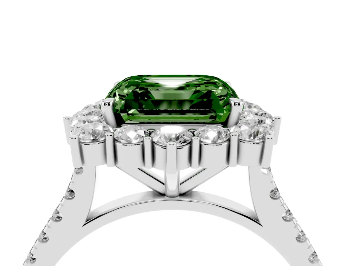 Fancy Green Asscher Cut Halo Diamond Ring with Pavé Band and Prong Setting Silver
