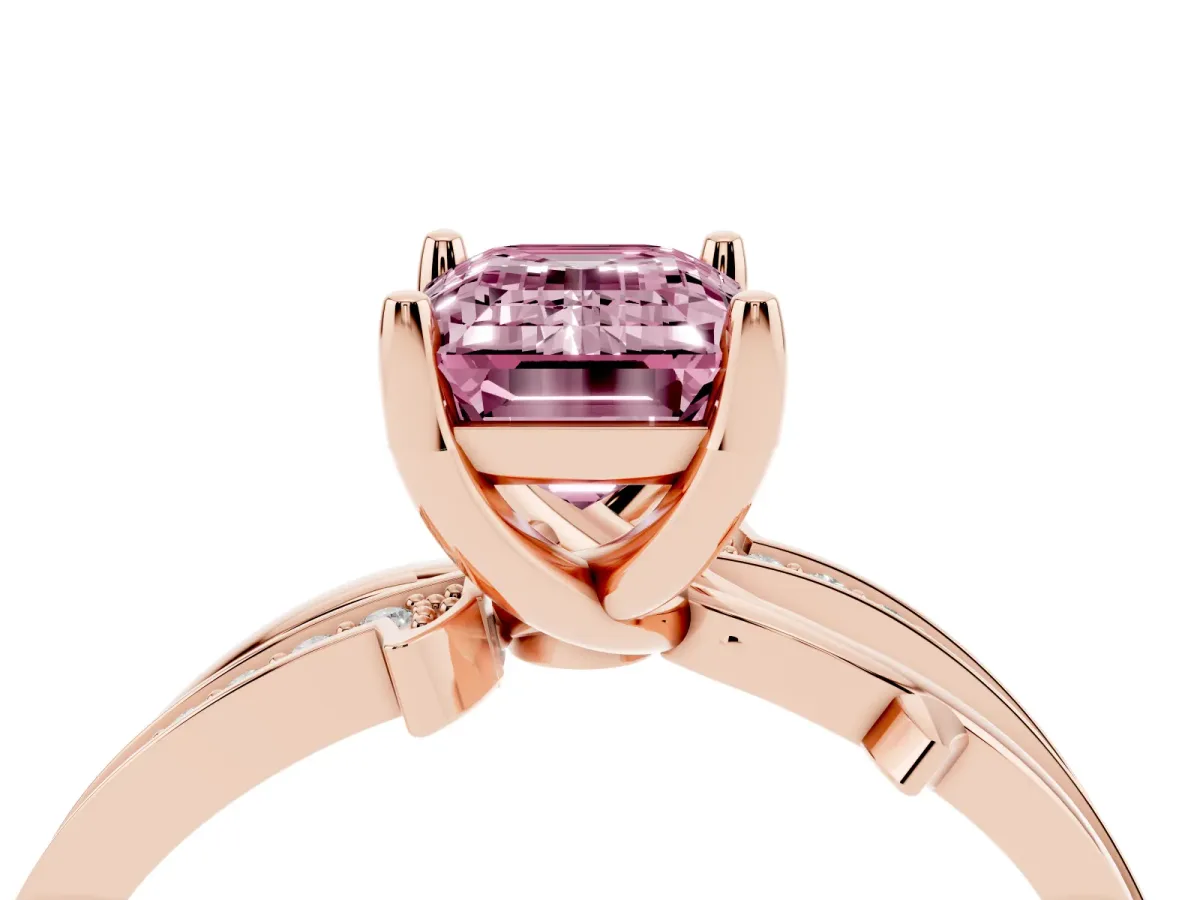 Fancy Pink Emerald Cut Solitaire Twist Band with Pavé Accents and Four-Prong Setting Rose gold