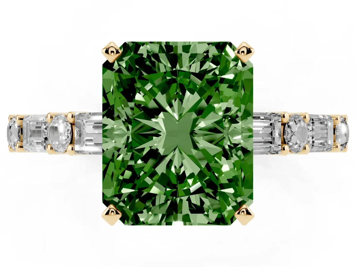 Fancy Green Radiant Cut Diamond Solitaire with Side Baguettes and Channel Set Band Yellow gold