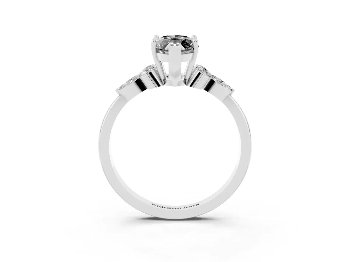 Fancy Black Marquise Cut Brilliant Diamond Solitaire Ring with Pear Side Stones and Four-Prong Setting Silver