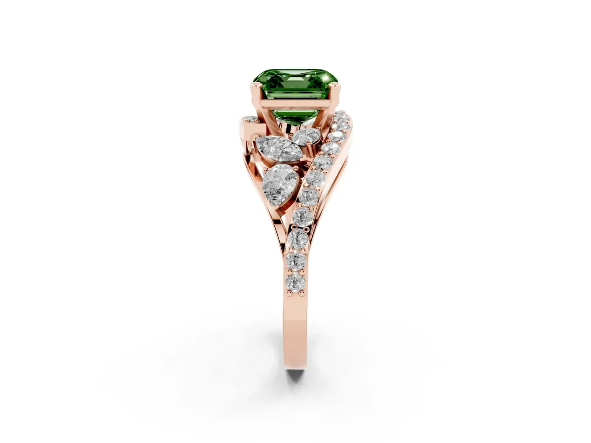 Fancy Green Asscher Cut Diamond Halo Ring with Marquise and Pavé Band in Prong Setting Rose gold