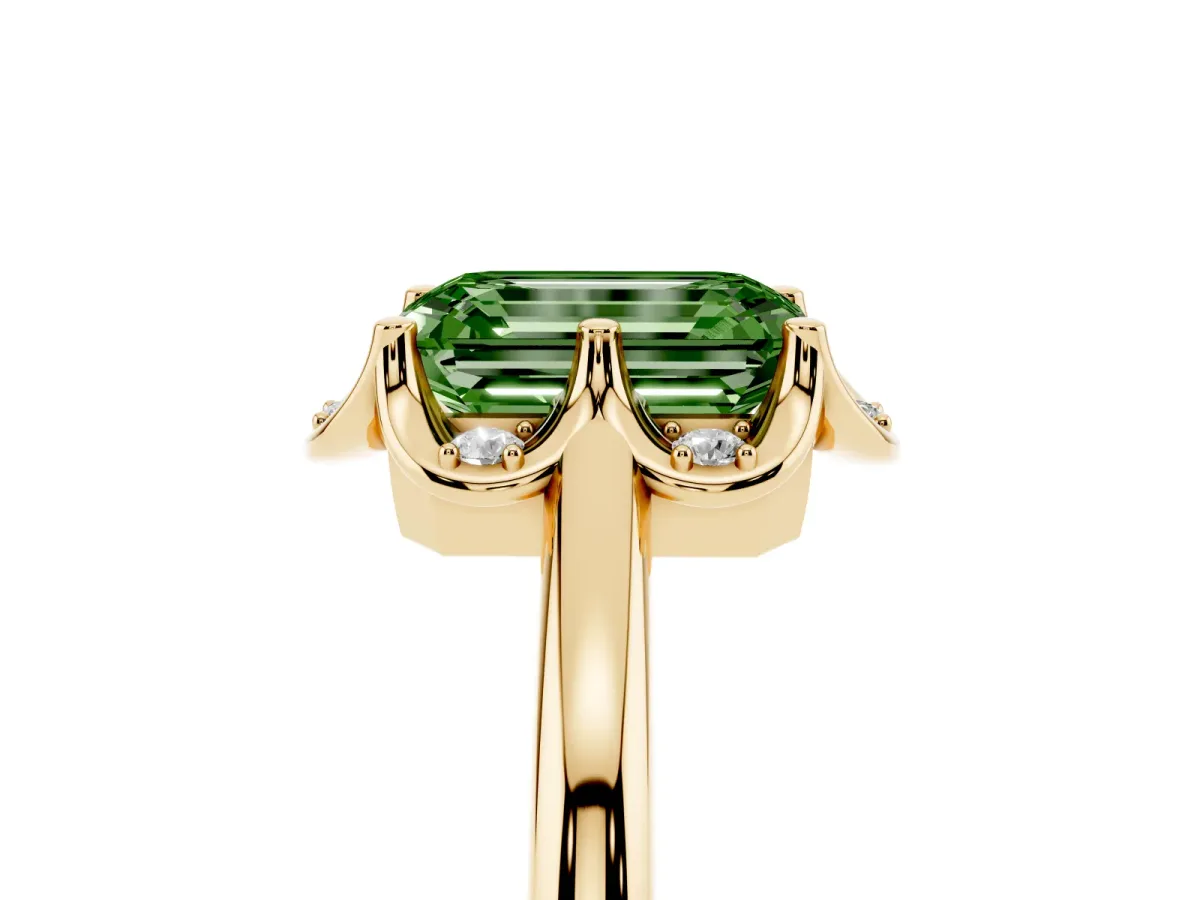 Fancy Green Emerald Cut Halo Diamond Ring with Round Cluster Setting, Solitaire Band, and Four-Prong Setting Yellow gold