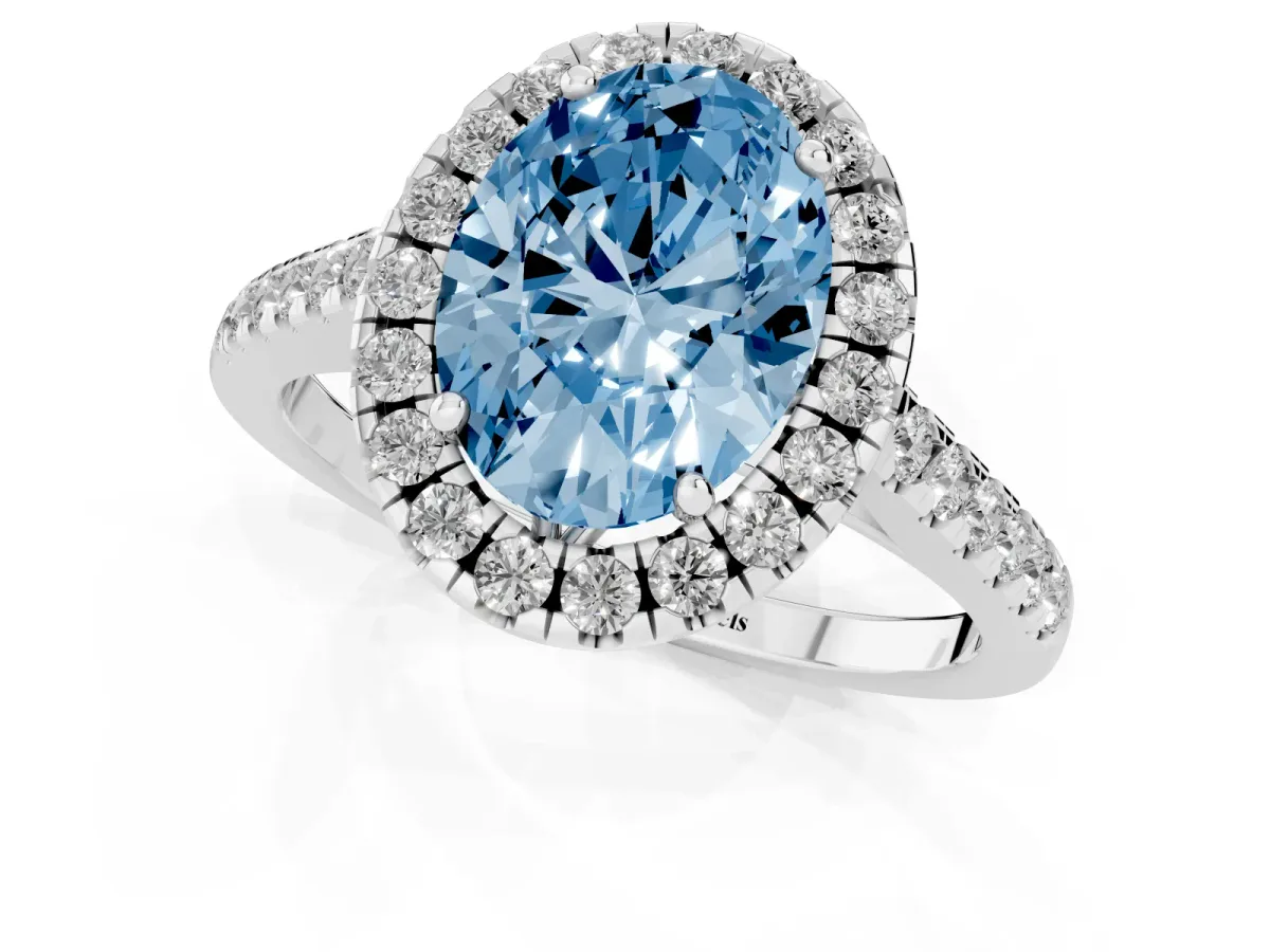 Fancy Blue Oval Cut Halo Pavé Diamond Engagement Ring with Four-Prong Setting White gold