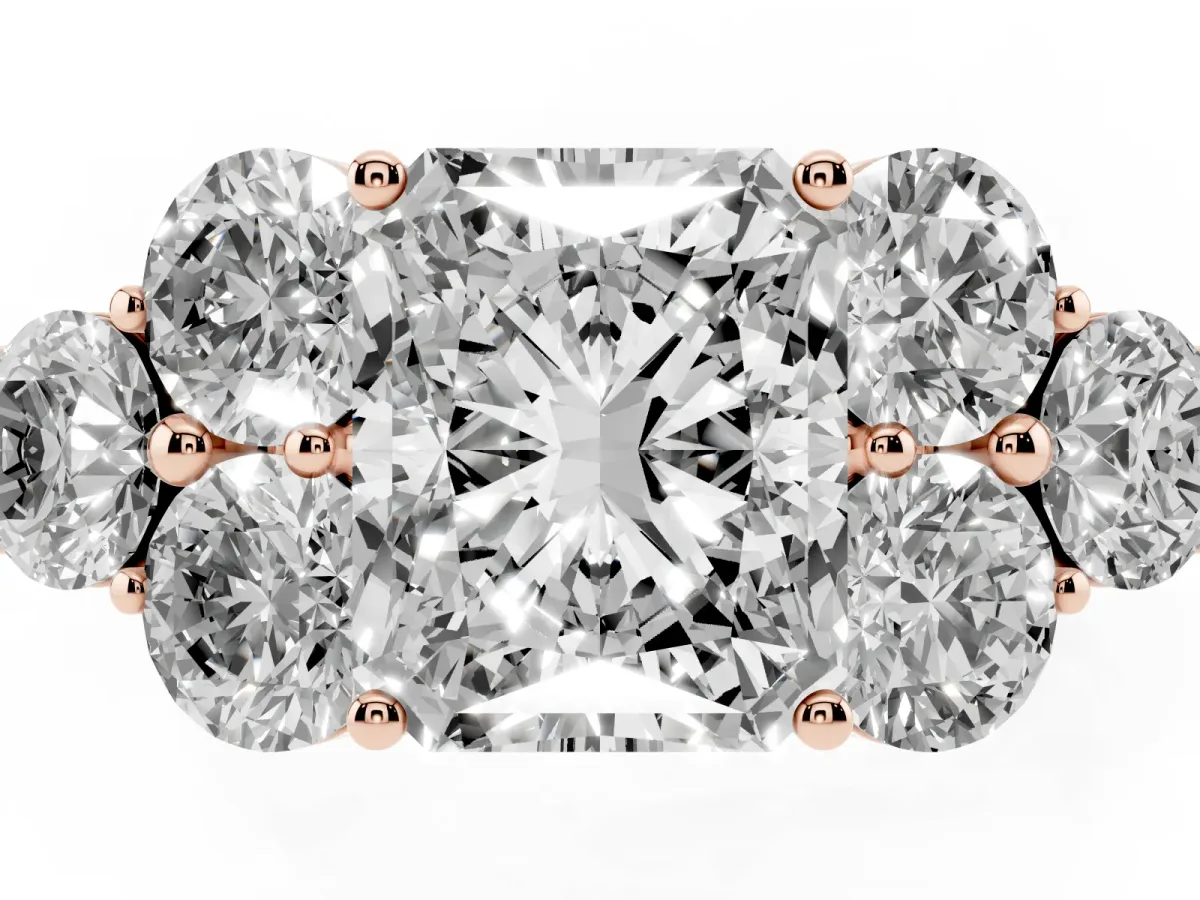 Radiant Cut Cut Diamond Cluster Ring with Round Accent Stones and Prong Setting on a Classic Band Rose gold