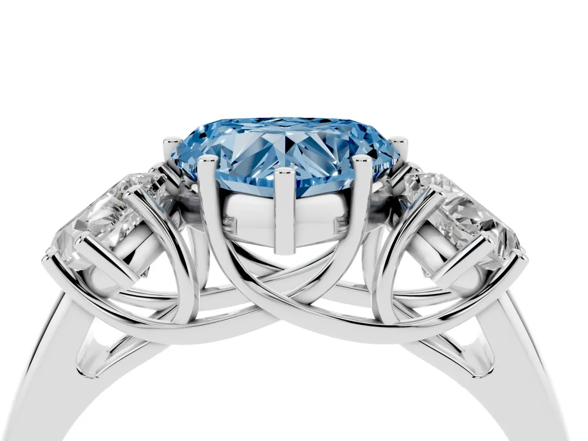 Fancy Blue Three-Stone Heart Cut Diamond Engagement Ring with Prong Setting White gold